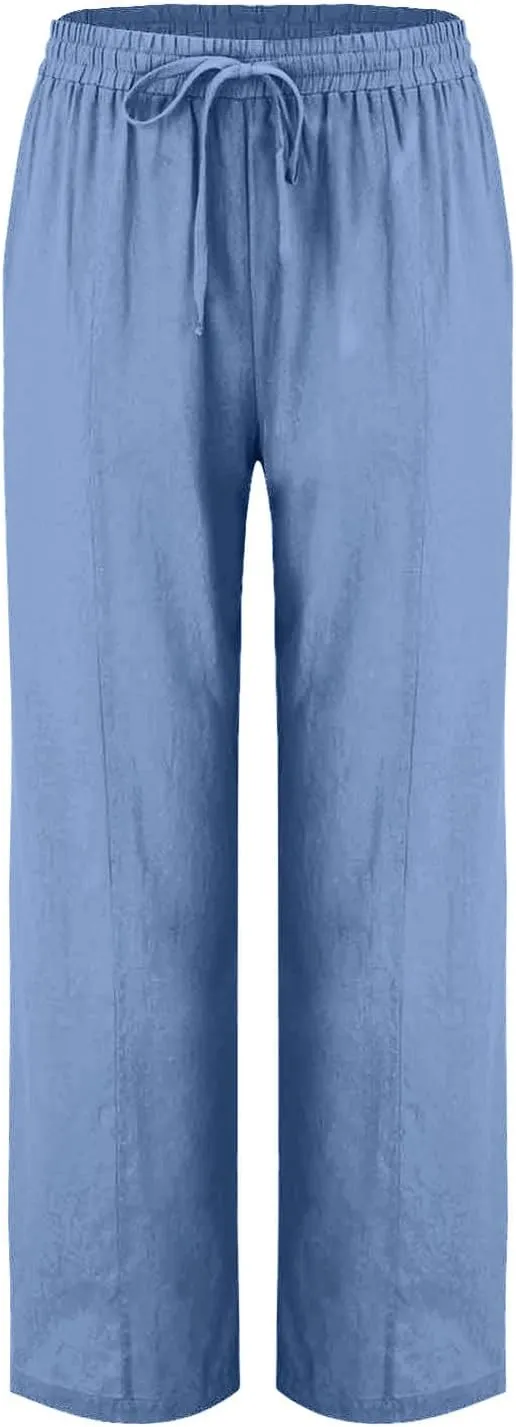 Flowy Linen Pants for Women Casual Solid Color Straight Leg Pants Summer Comfort Drawstring Trousers 2025