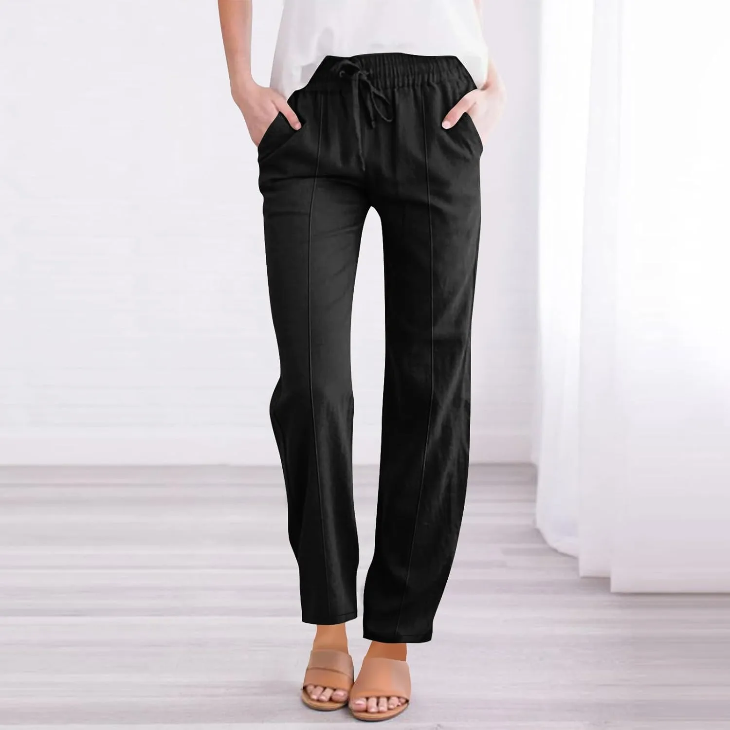 Flowy Linen Pants for Women Casual Solid Color Straight Leg Pants Summer Comfort Drawstring Trousers 2025