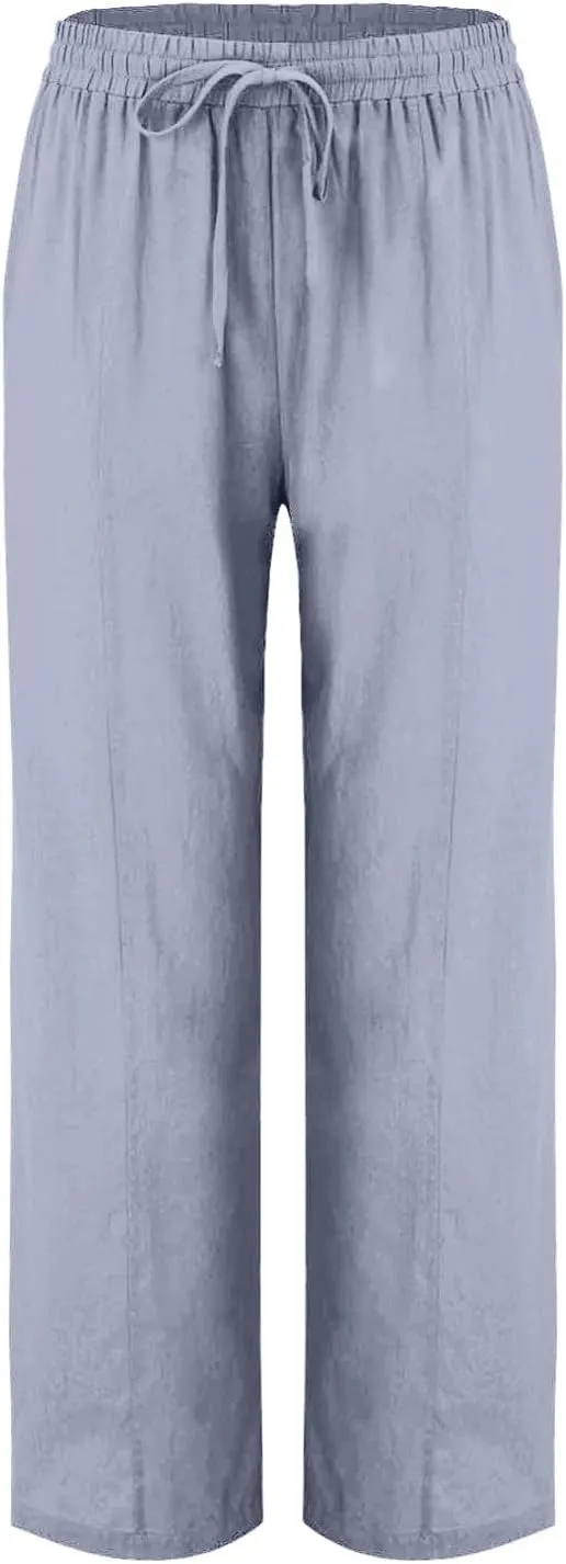 Flowy Linen Pants for Women Casual Solid Color Straight Leg Pants Summer Comfort Drawstring Trousers 2025