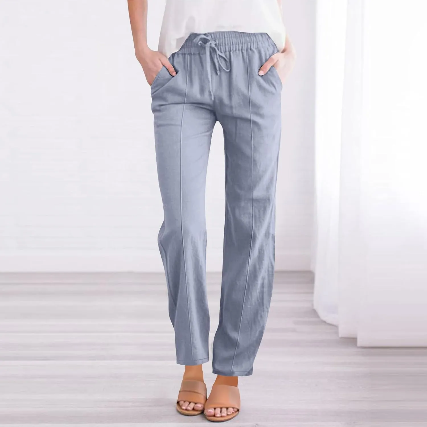 Flowy Linen Pants for Women Casual Solid Color Straight Leg Pants Summer Comfort Drawstring Trousers 2025