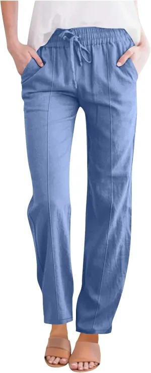 Flowy Linen Pants for Women Casual Solid Color Straight Leg Pants Summer Comfort Drawstring Trousers 2025