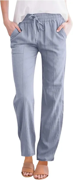 Flowy Linen Pants for Women Casual Solid Color Straight Leg Pants Summer Comfort Drawstring Trousers 2025