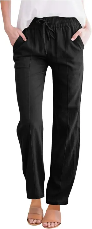 Flowy Linen Pants for Women Casual Solid Color Straight Leg Pants Summer Comfort Drawstring Trousers 2025