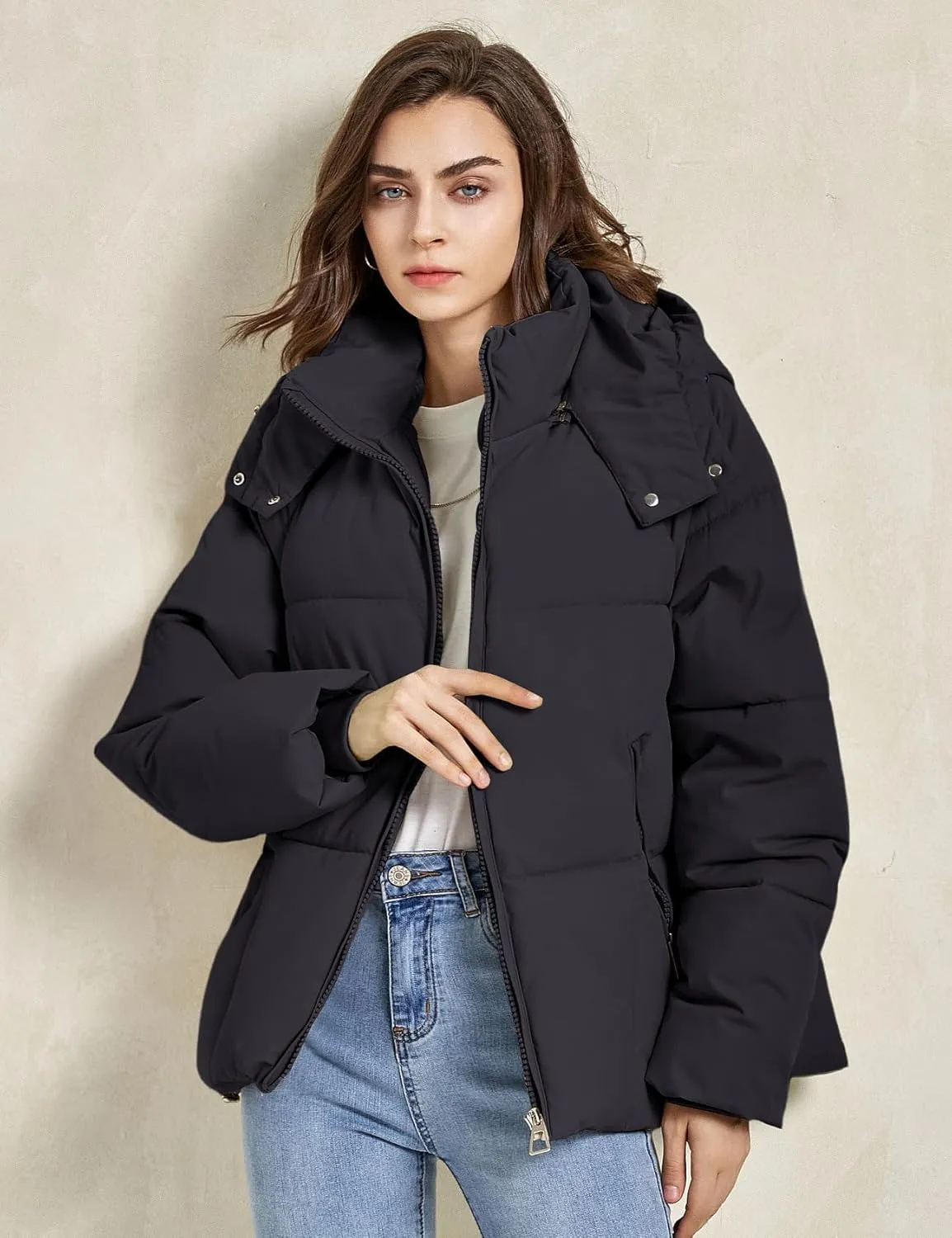 Flygo Womens Hoodies Puffer Jacket Zip Up Quilted Hooded Bubble Padded Down Winter Coats Long Sleeve Jackets with Pockets