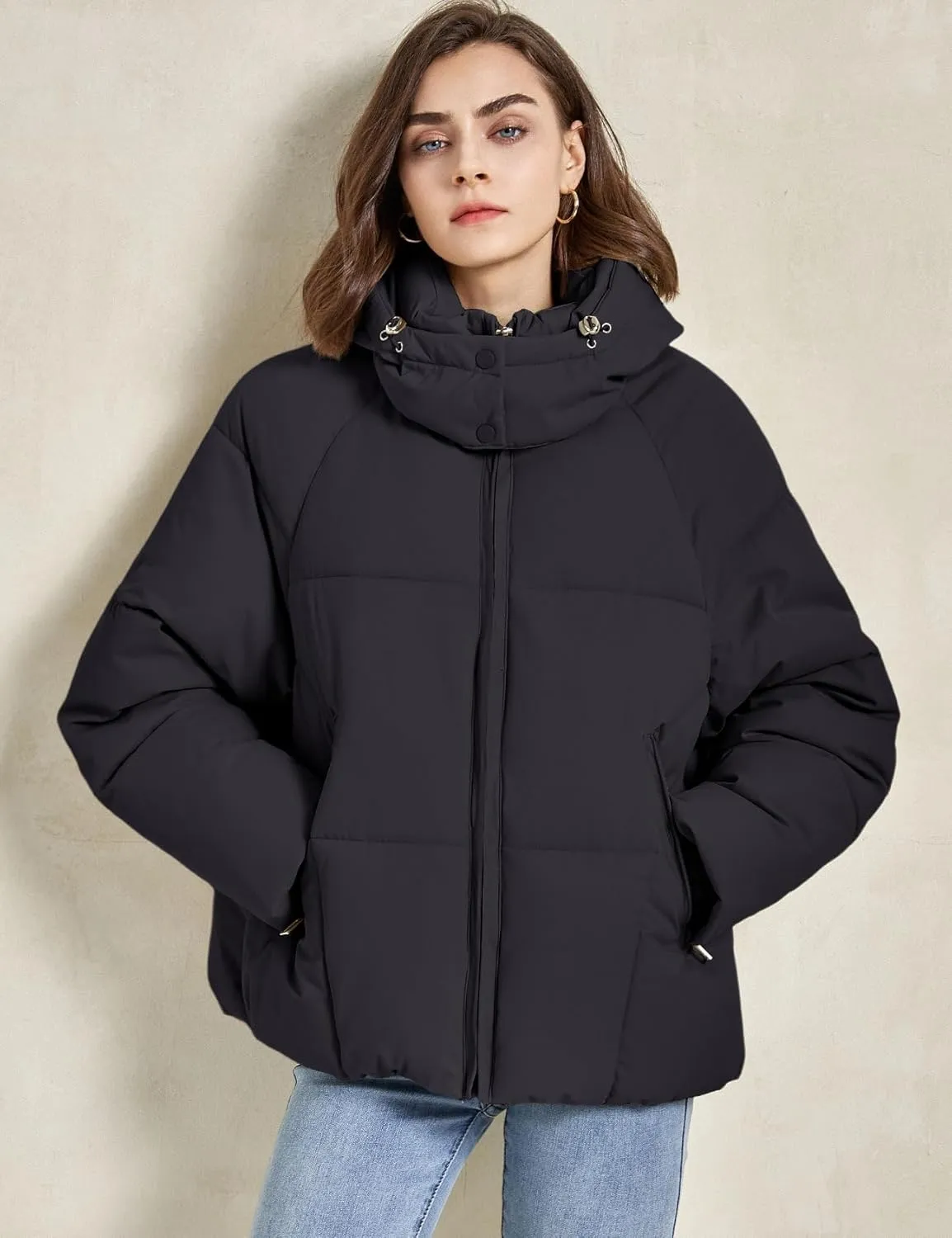Flygo Womens Hoodies Puffer Jacket Zip Up Quilted Hooded Bubble Padded Down Winter Coats Long Sleeve Jackets with Pockets