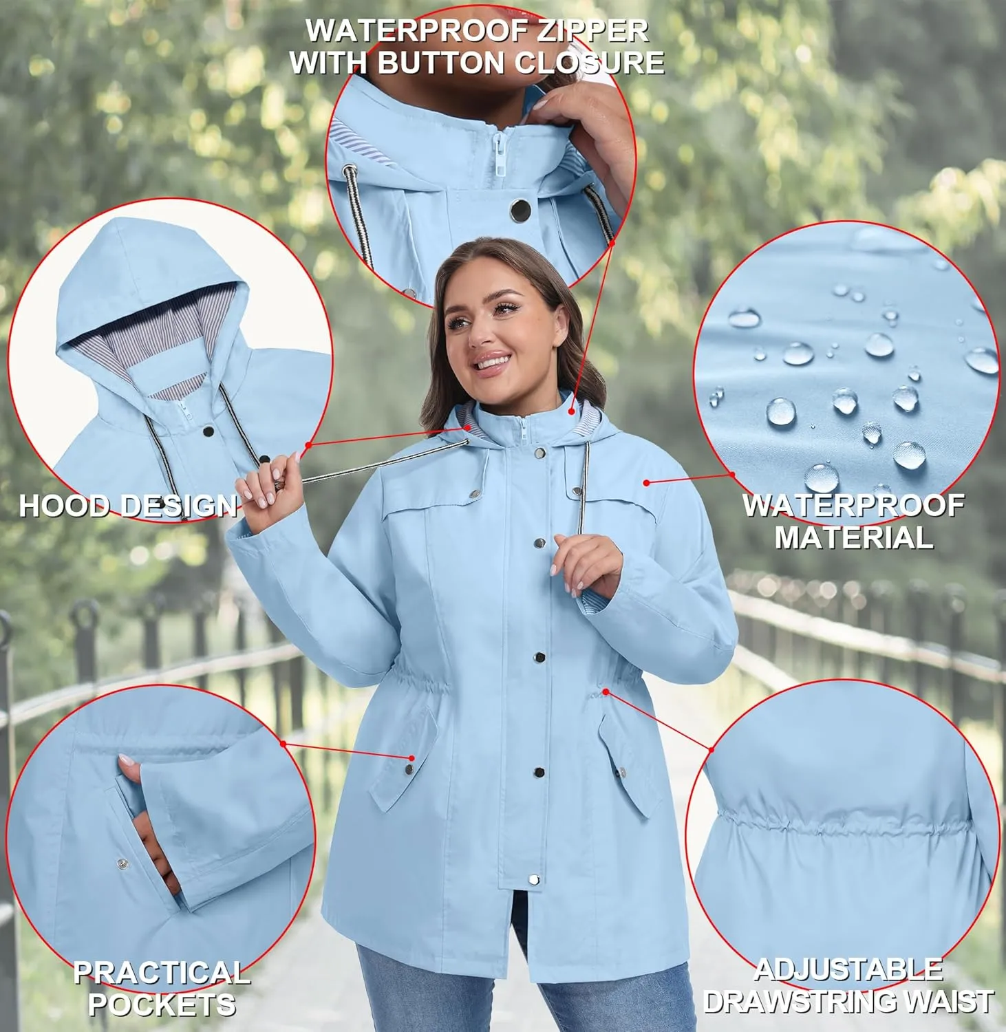 FOREYOND Plus Size Rain Jacket for Women with Hood Long Waterproof Windbreaker Outdoor Travel Trench Coats with Pockets