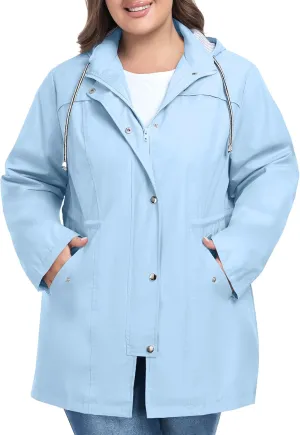 FOREYOND Plus Size Rain Jacket for Women with Hood Long Waterproof Windbreaker Outdoor Travel Trench Coats with Pockets