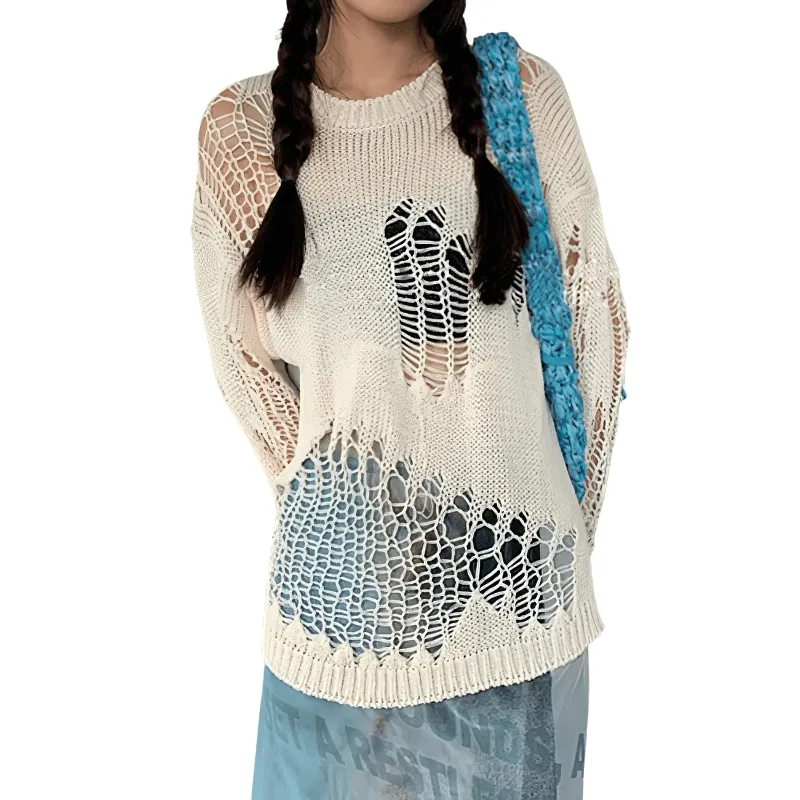 Gothic Hollow Out Oversized Knitted Sweater / Grunge Long Sleeves See-Through Pullovers