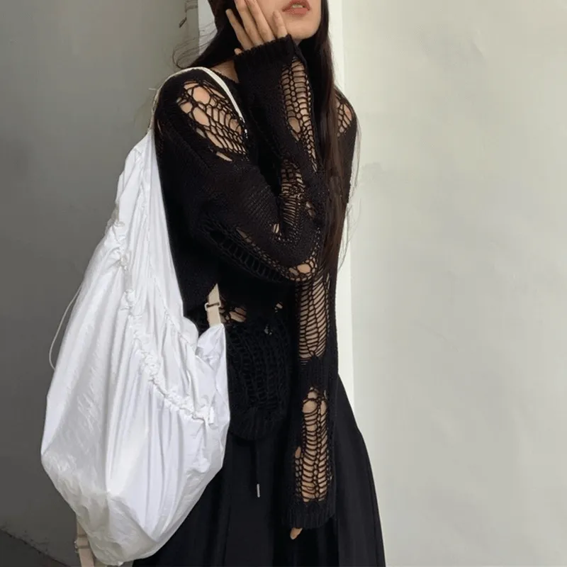 Gothic Hollow Out Oversized Knitted Sweater / Grunge Long Sleeves See-Through Pullovers