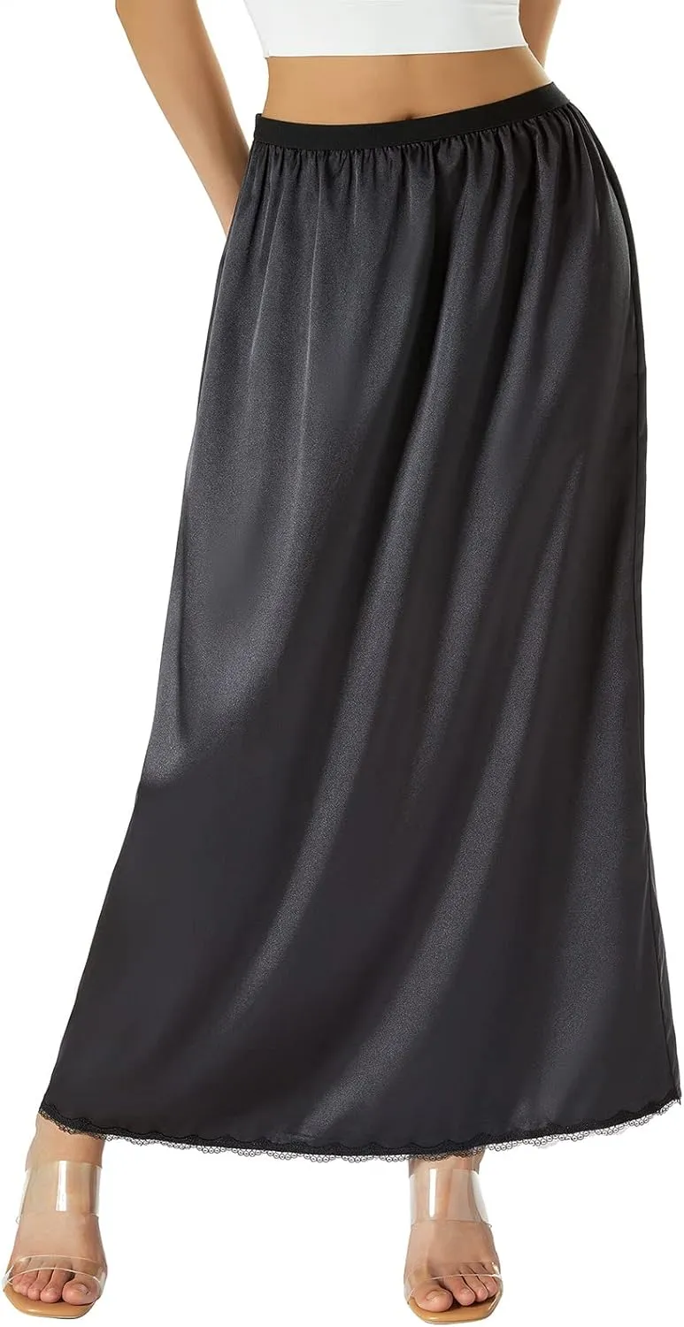 Half Slip for Women Under Dress Plus Size Long Satin Underskirt Breathable Lace Trim Maxi Slip Skirt