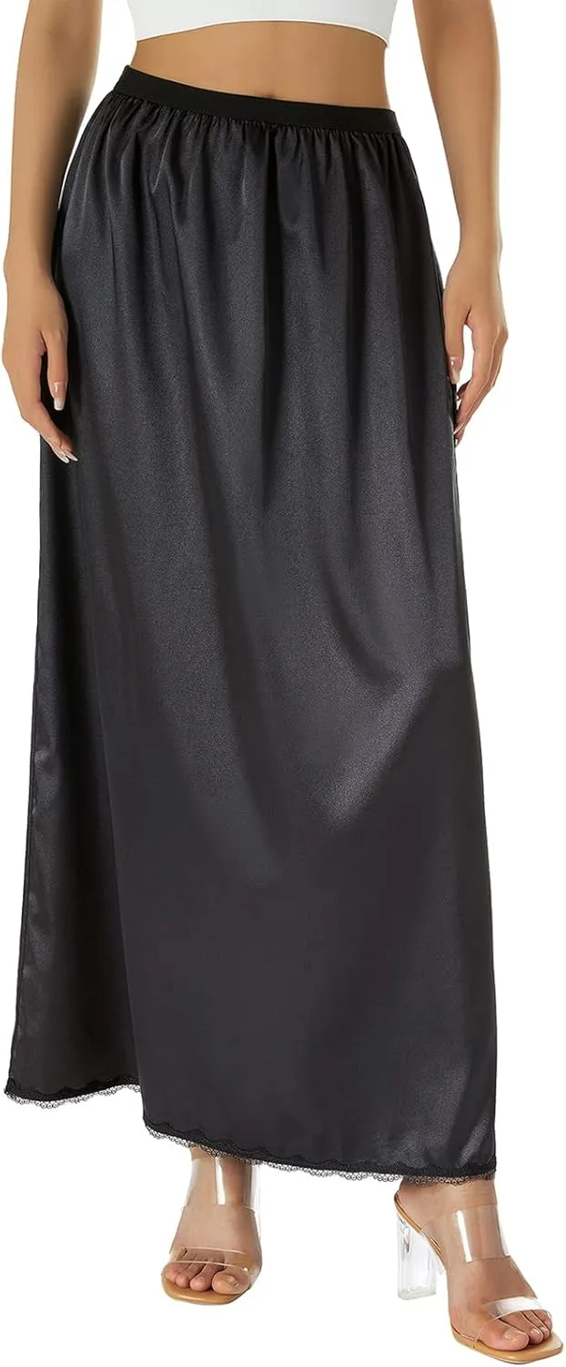 Half Slip for Women Under Dress Plus Size Long Satin Underskirt Breathable Lace Trim Maxi Slip Skirt