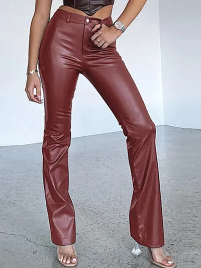 High Waist PU Leather Straight Pants