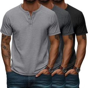 Huukeay 3 Pack Men's Big & Tall Henley Short Sleeve Shirts, Cotton Crew Neck Casual Button T-Shirts Summer Basic Tees Tops