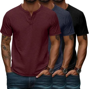 Huukeay 3 Pack Men's Big & Tall Henley Short Sleeve Shirts, Cotton Crew Neck Casual Button T-Shirts Summer Basic Tees Tops