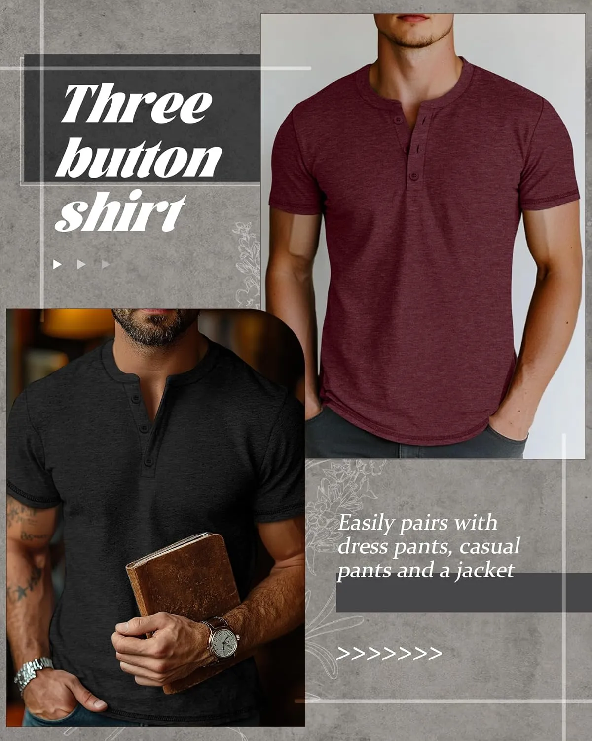 Huukeay 3 Pack Men's Big & Tall Henley Short Sleeve Shirts, Cotton Crew Neck Casual Button T-Shirts Summer Basic Tees Tops