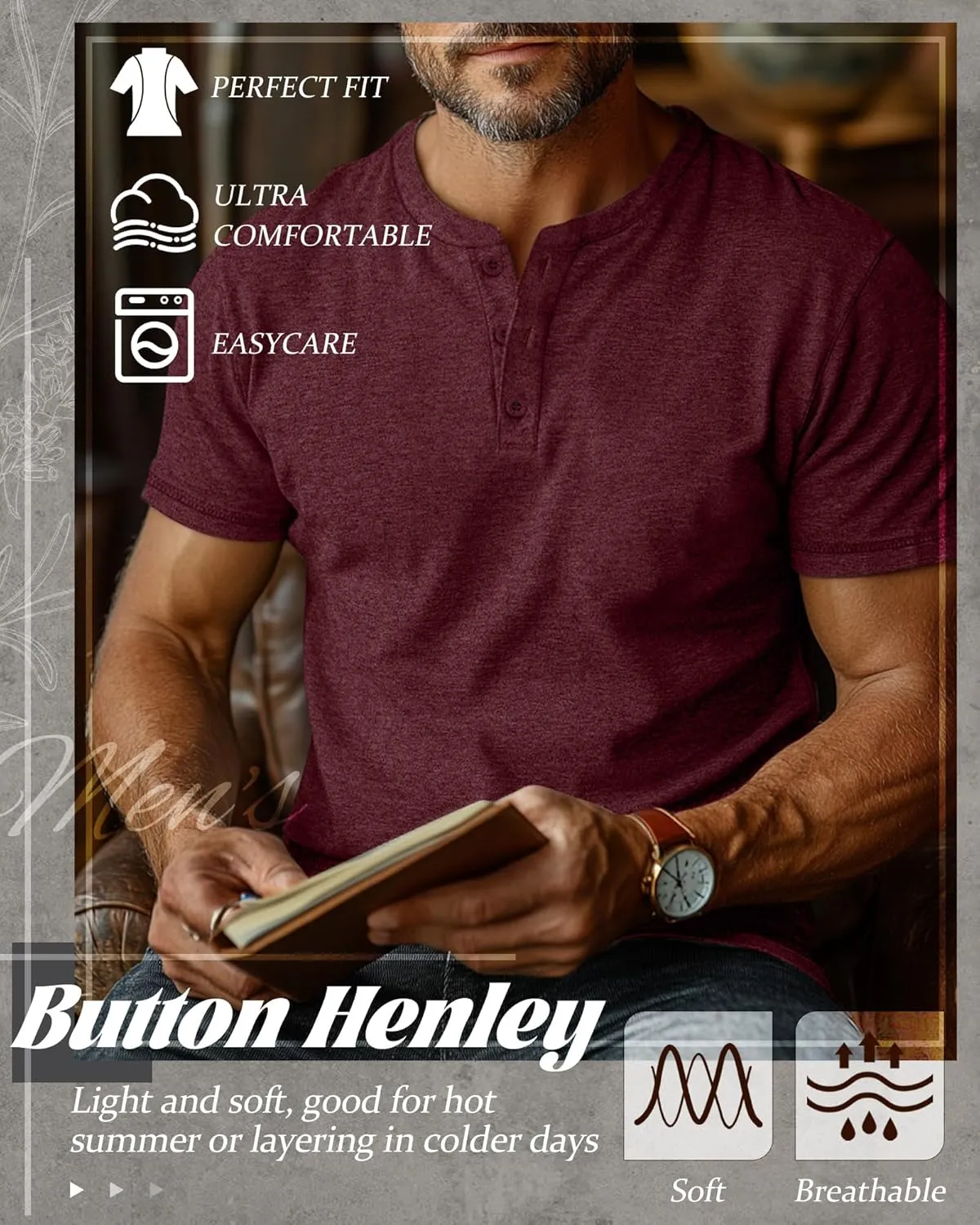 Huukeay 3 Pack Men's Big & Tall Henley Short Sleeve Shirts, Cotton Crew Neck Casual Button T-Shirts Summer Basic Tees Tops