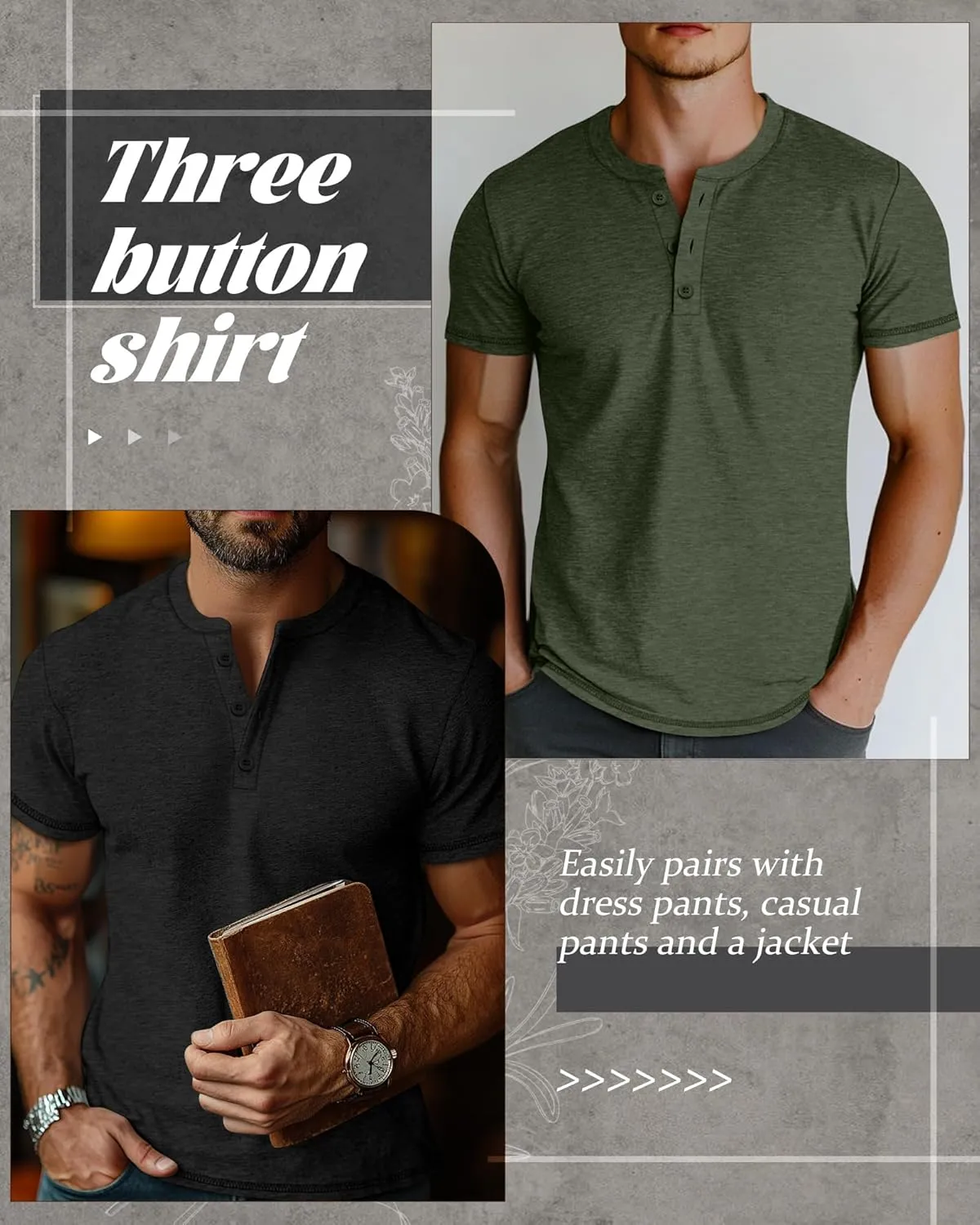Huukeay 3 Pack Men's Big & Tall Henley Short Sleeve Shirts, Cotton Crew Neck Casual Button T-Shirts Summer Basic Tees Tops