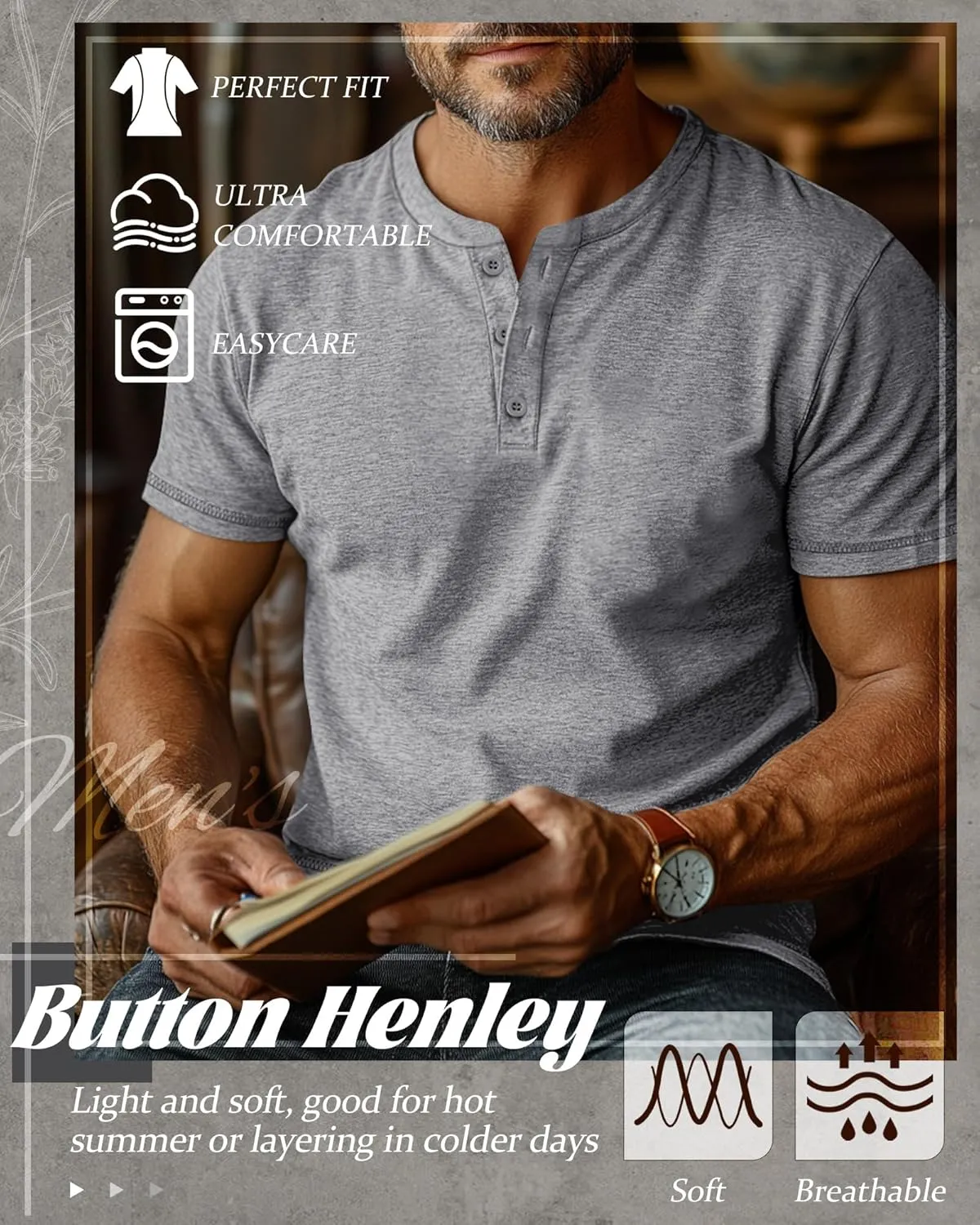 Huukeay 3 Pack Men's Big & Tall Henley Short Sleeve Shirts, Cotton Crew Neck Casual Button T-Shirts Summer Basic Tees Tops