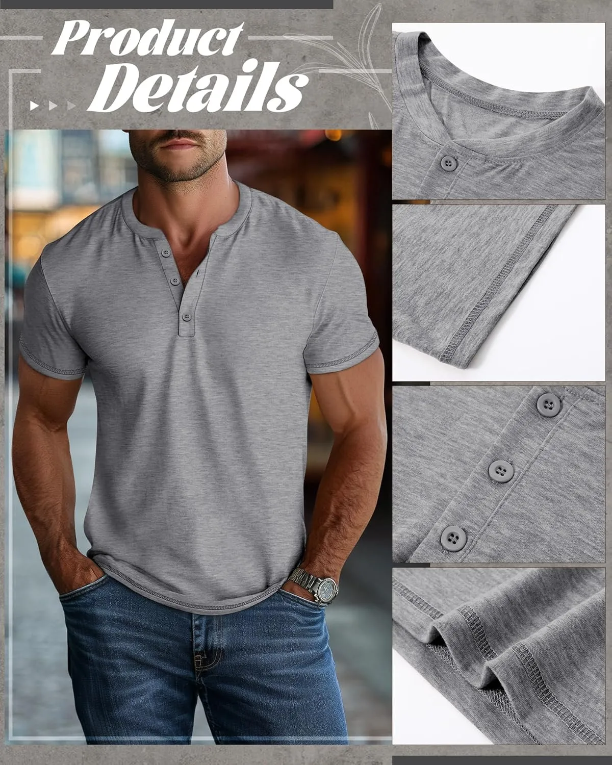 Huukeay 3 Pack Men's Big & Tall Henley Short Sleeve Shirts, Cotton Crew Neck Casual Button T-Shirts Summer Basic Tees Tops