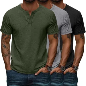 Huukeay 3 Pack Men's Big & Tall Henley Short Sleeve Shirts, Cotton Crew Neck Casual Button T-Shirts Summer Basic Tees Tops