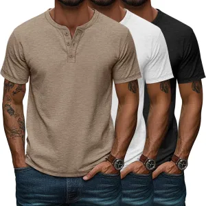Huukeay 3 Pack Men's Big & Tall Henley Short Sleeve Shirts, Cotton Crew Neck Casual Button T-Shirts Summer Basic Tees Tops
