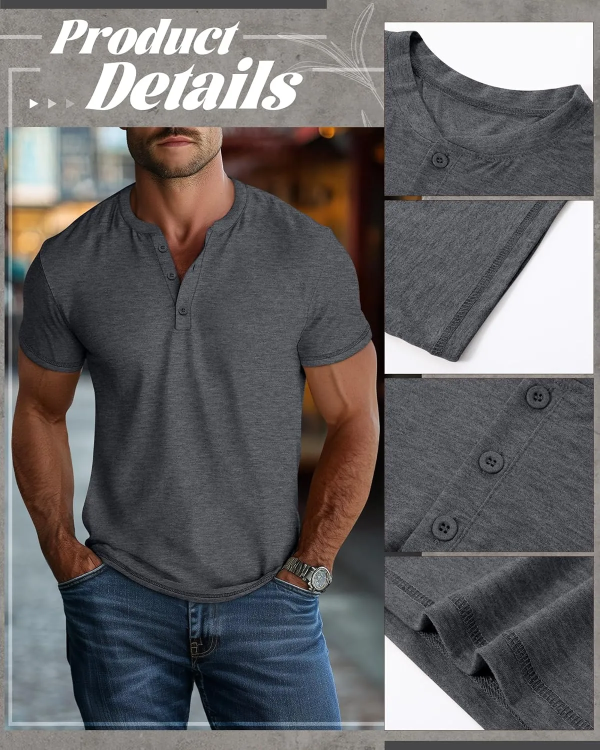 Huukeay 3 Pack Men's Big & Tall Henley Short Sleeve Shirts, Cotton Crew Neck Casual Button T-Shirts Summer Basic Tees Tops