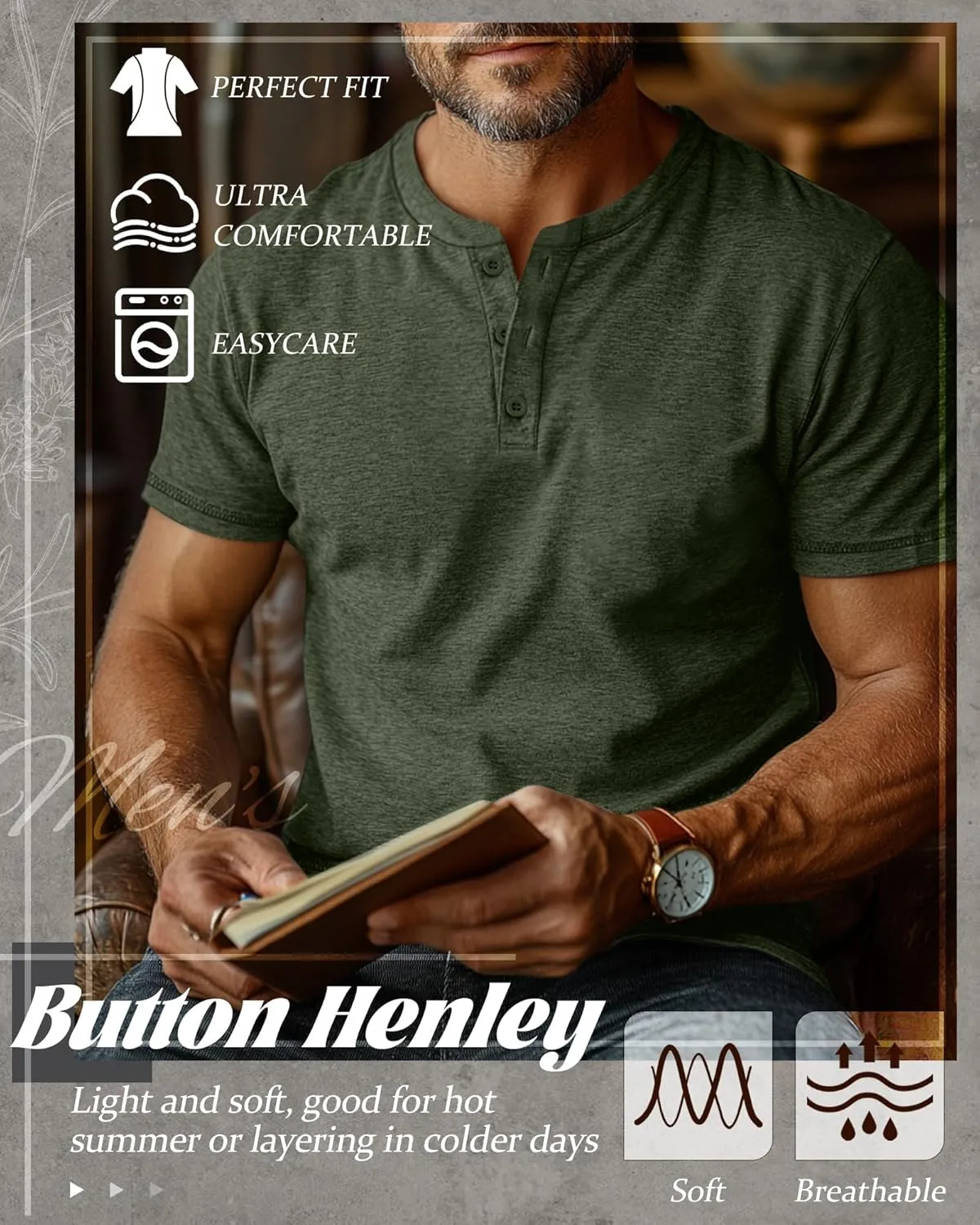 Huukeay 3 Pack Men's Big & Tall Henley Short Sleeve Shirts, Cotton Crew Neck Casual Button T-Shirts Summer Basic Tees Tops