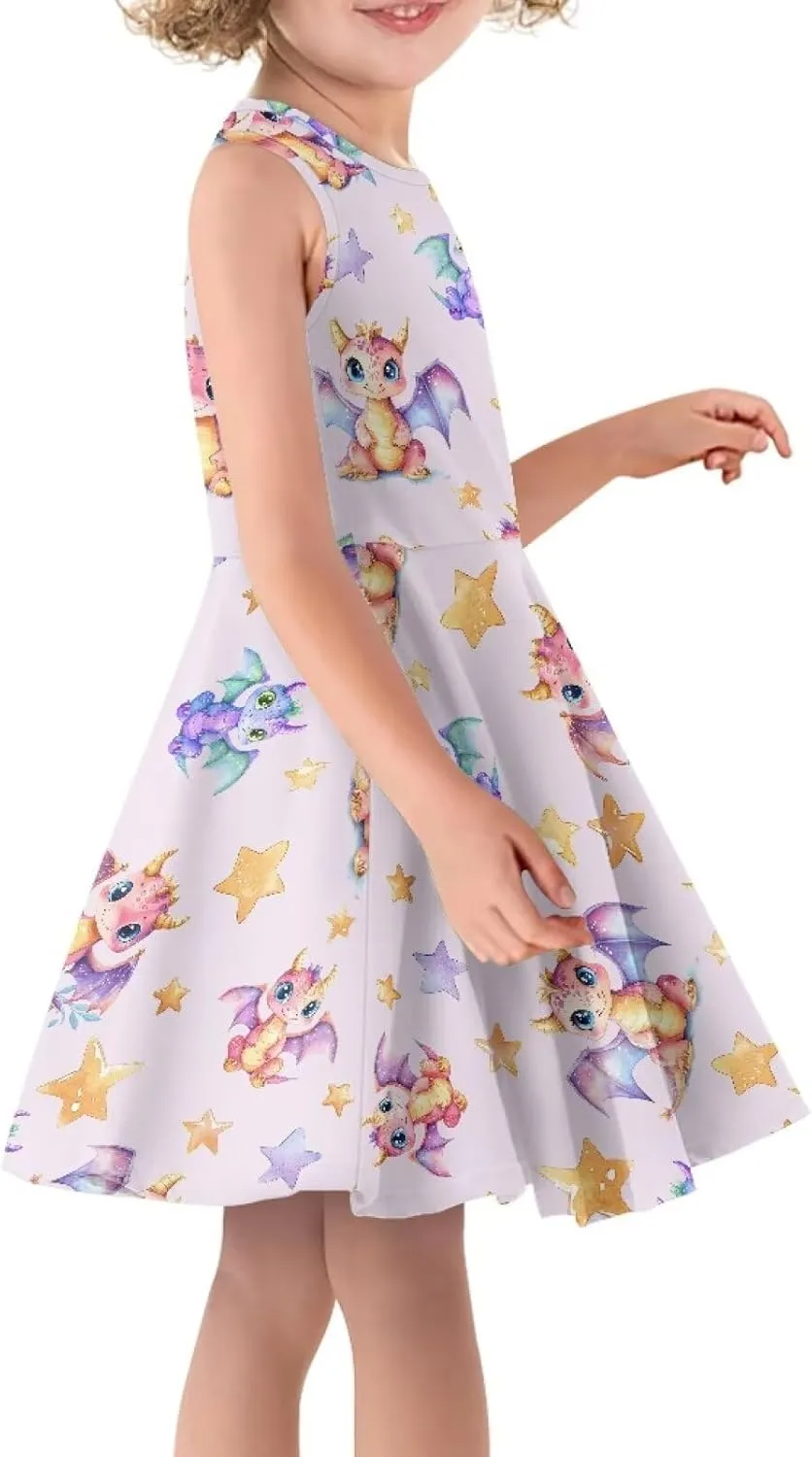 INSTANTARTS Girls Dress Breathable Stretch Tank Swing Midi Dresses Sleeveless Round Neck Summer Skater Dress