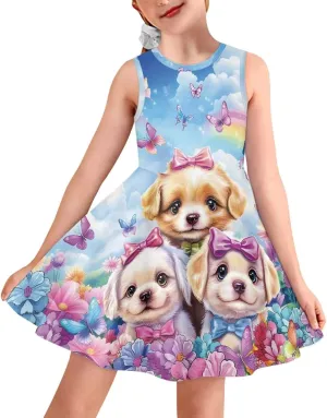 INSTANTARTS Girls Dress Breathable Stretch Tank Swing Midi Dresses Sleeveless Round Neck Summer Skater Dress