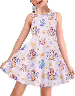 INSTANTARTS Girls Dress Breathable Stretch Tank Swing Midi Dresses Sleeveless Round Neck Summer Skater Dress