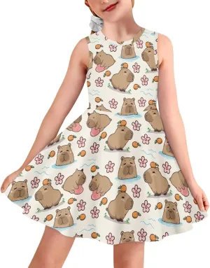 INSTANTARTS Girls Dress Breathable Stretch Tank Swing Midi Dresses Sleeveless Round Neck Summer Skater Dress