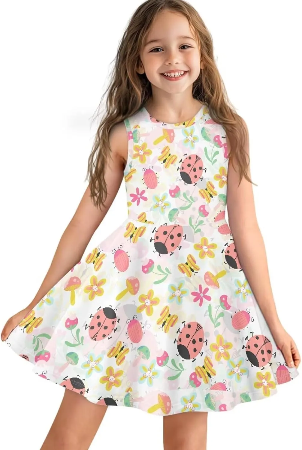 INSTANTARTS Girls Dress Breathable Stretch Tank Swing Midi Dresses Sleeveless Round Neck Summer Skater Dress