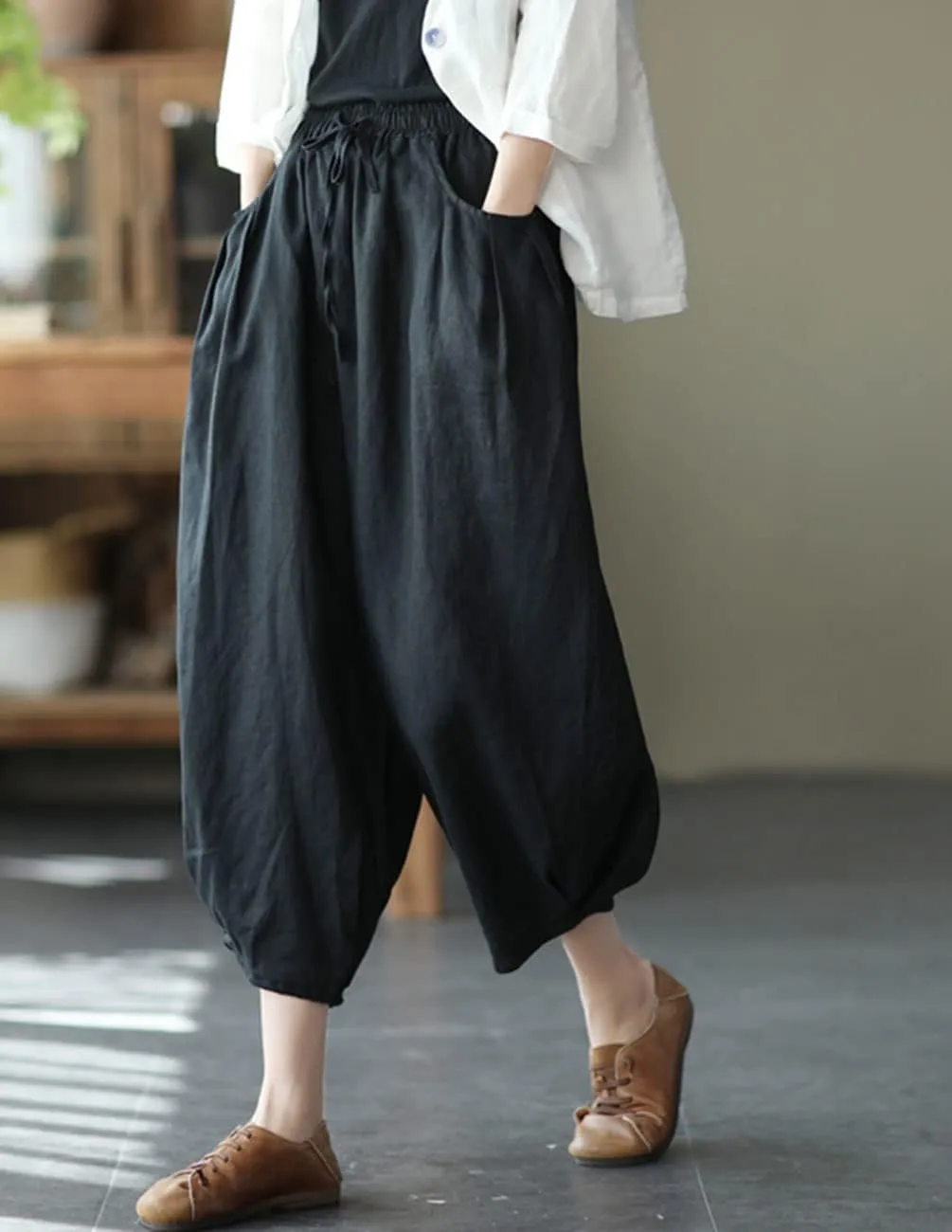 IXIMO Women's Linen Capri Pants Casual Loose Fit Wide Leg Harem Pocket Pleated Trousers