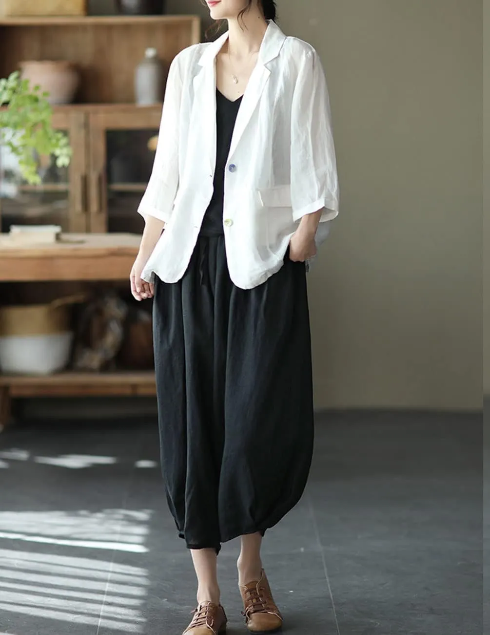 IXIMO Women's Linen Capri Pants Casual Loose Fit Wide Leg Harem Pocket Pleated Trousers