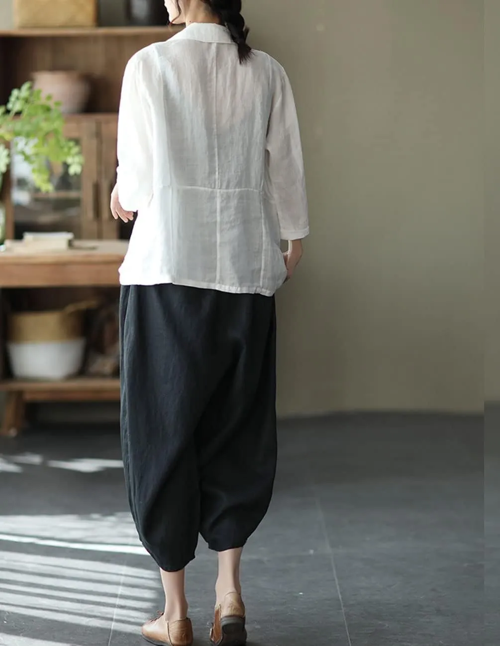 IXIMO Women's Linen Capri Pants Casual Loose Fit Wide Leg Harem Pocket Pleated Trousers