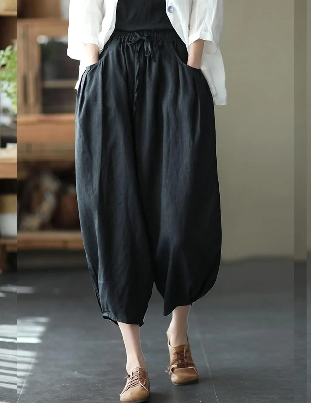 IXIMO Women's Linen Capri Pants Casual Loose Fit Wide Leg Harem Pocket Pleated Trousers