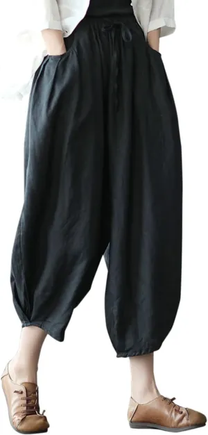 IXIMO Women's Linen Capri Pants Casual Loose Fit Wide Leg Harem Pocket Pleated Trousers