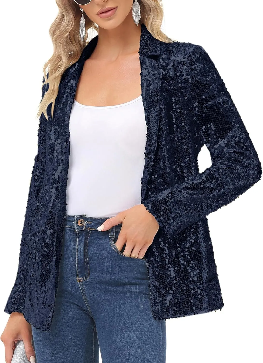 KANCY KOLE Women's Sequin Jackets Open Front Blazer Jacket Casual Long Sleeve Sparkly Cardigan Coat with Pocket S-XXL