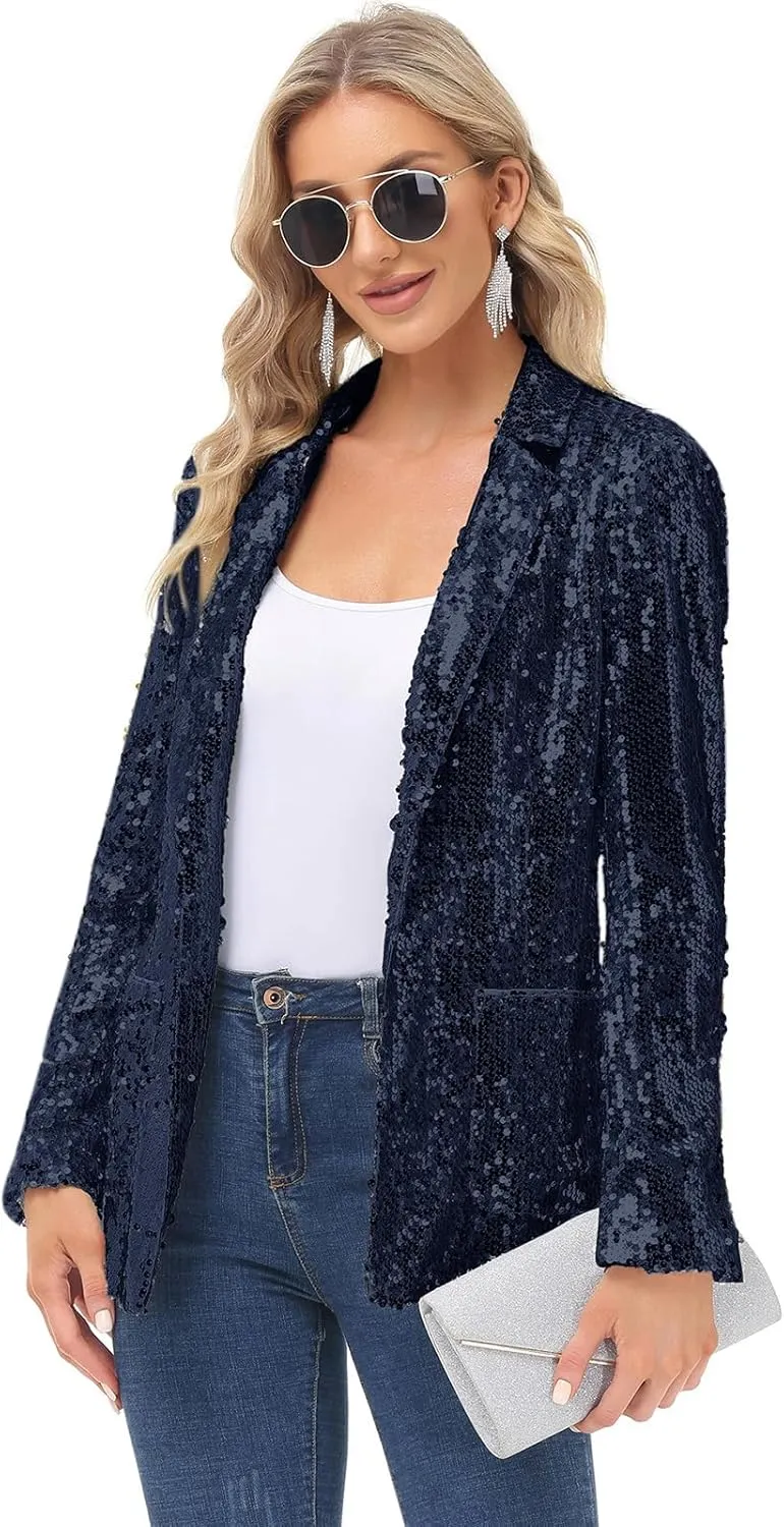 KANCY KOLE Women's Sequin Jackets Open Front Blazer Jacket Casual Long Sleeve Sparkly Cardigan Coat with Pocket S-XXL