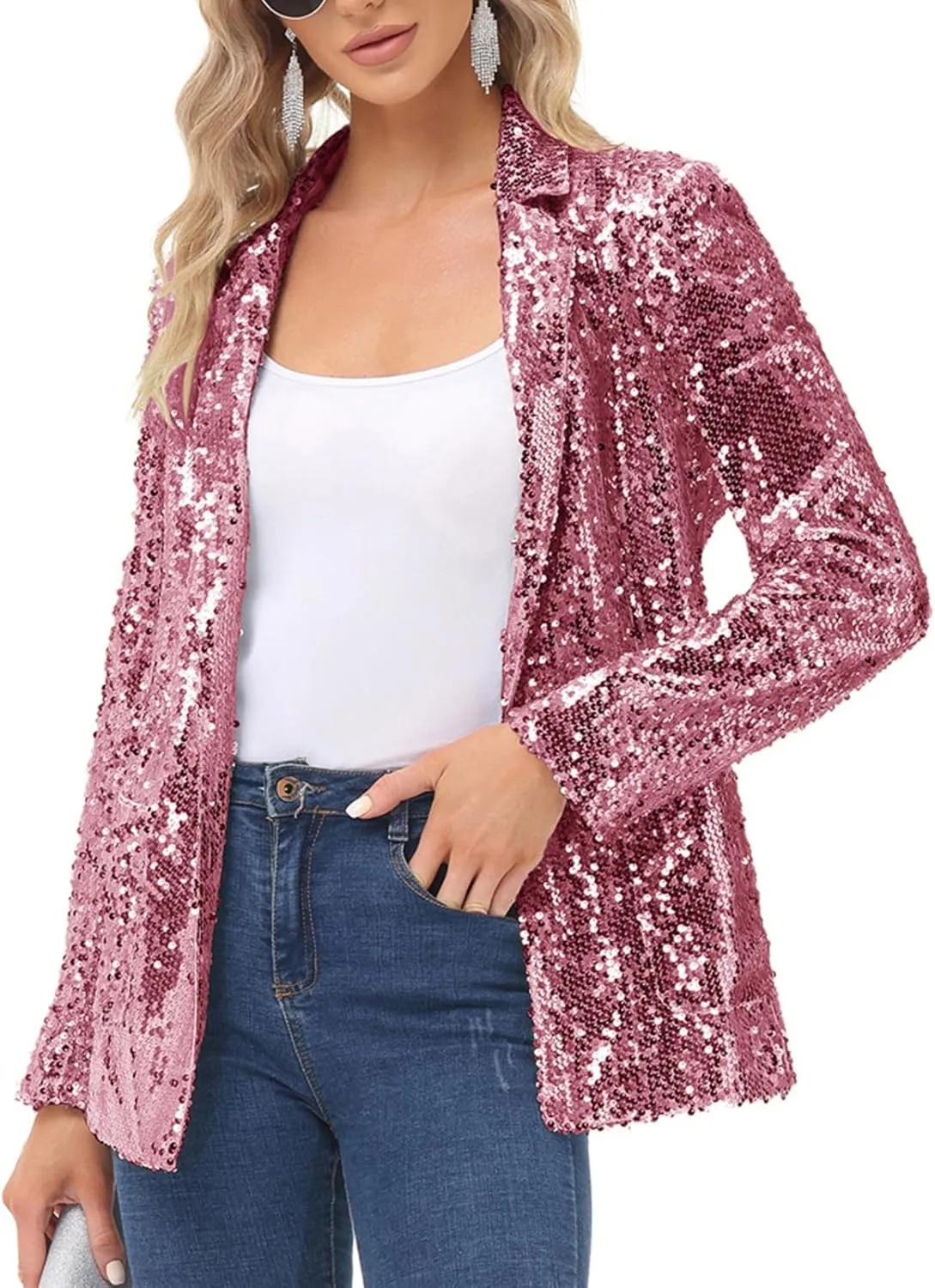 KANCY KOLE Women's Sequin Jackets Open Front Blazer Jacket Casual Long Sleeve Sparkly Cardigan Coat with Pocket S-XXL