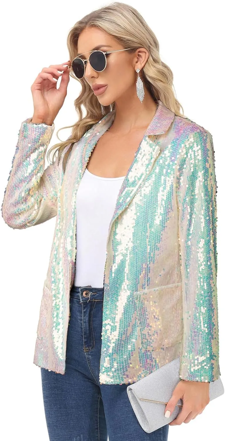 KANCY KOLE Women's Sequin Jackets Open Front Blazer Jacket Casual Long Sleeve Sparkly Cardigan Coat with Pocket S-XXL