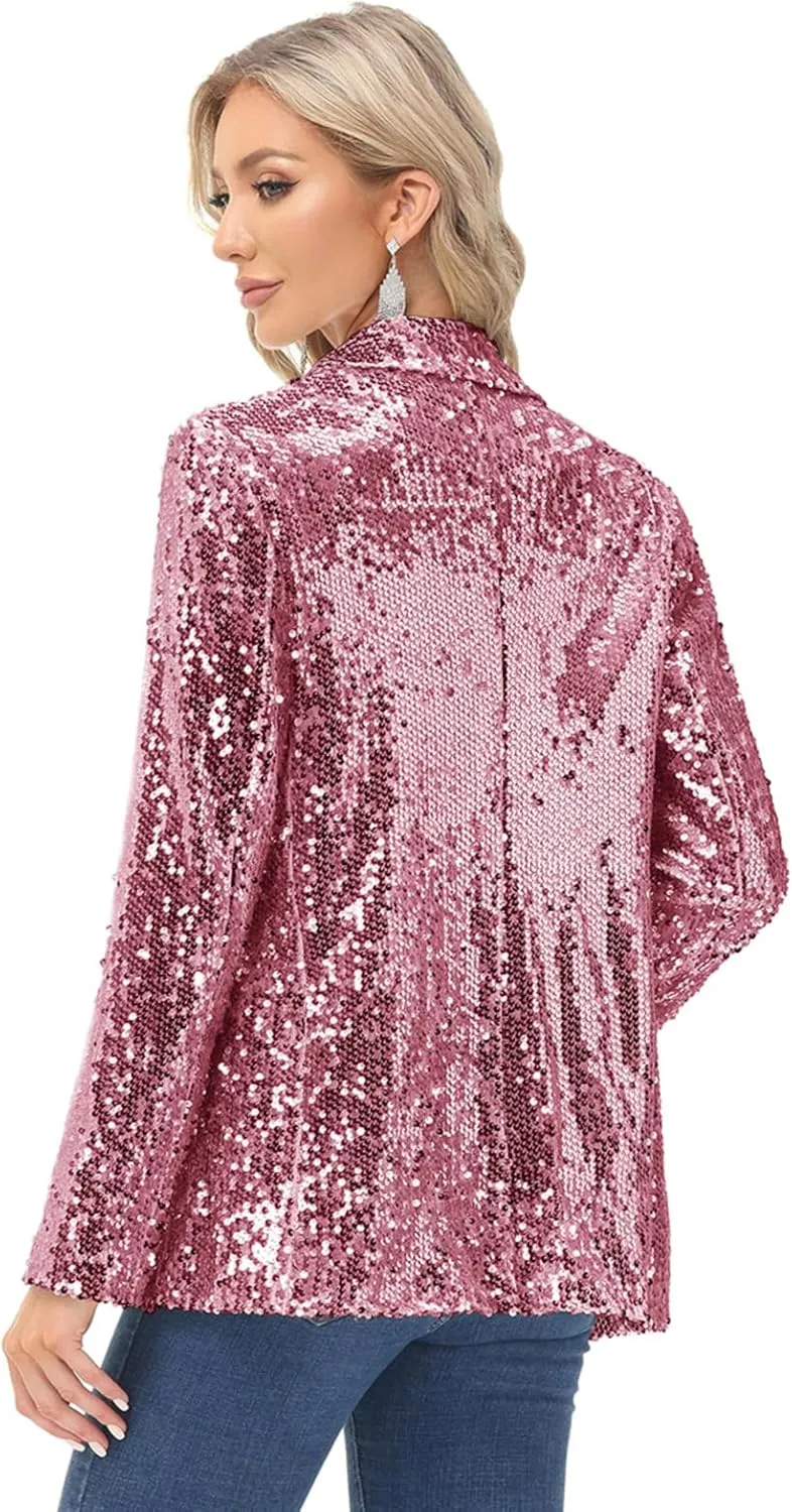 KANCY KOLE Women's Sequin Jackets Open Front Blazer Jacket Casual Long Sleeve Sparkly Cardigan Coat with Pocket S-XXL