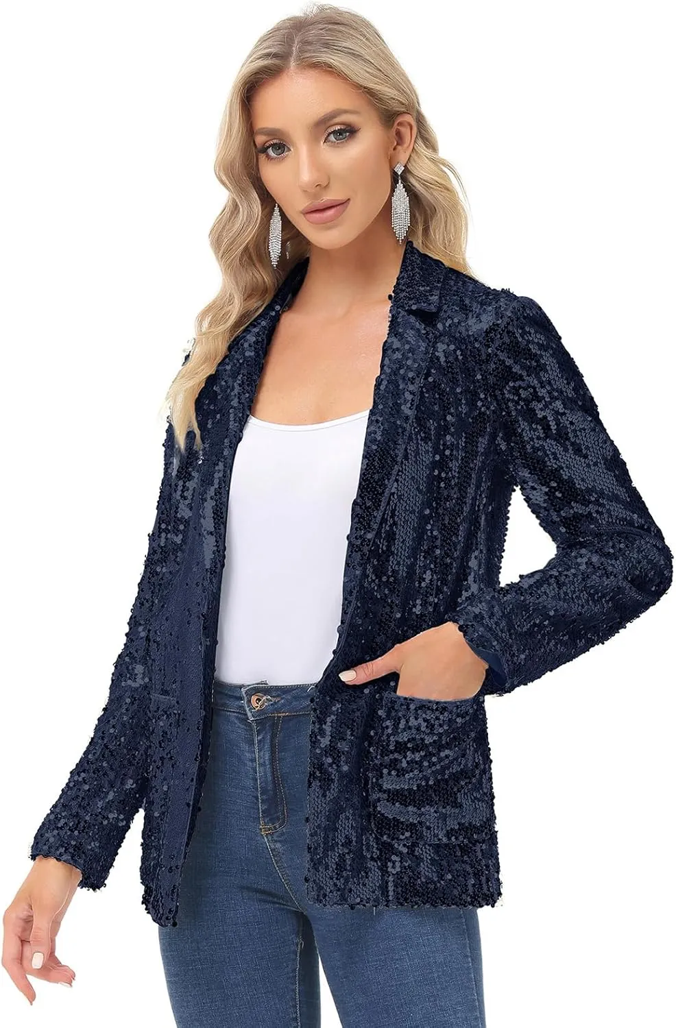 KANCY KOLE Women's Sequin Jackets Open Front Blazer Jacket Casual Long Sleeve Sparkly Cardigan Coat with Pocket S-XXL