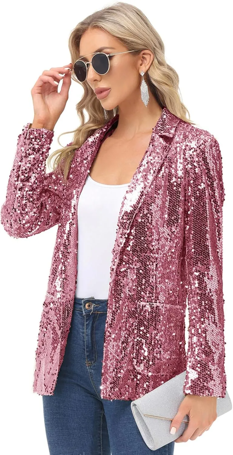 KANCY KOLE Women's Sequin Jackets Open Front Blazer Jacket Casual Long Sleeve Sparkly Cardigan Coat with Pocket S-XXL