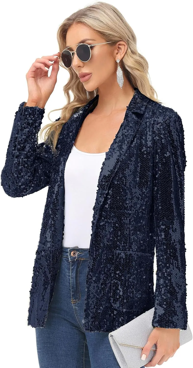 KANCY KOLE Women's Sequin Jackets Open Front Blazer Jacket Casual Long Sleeve Sparkly Cardigan Coat with Pocket S-XXL