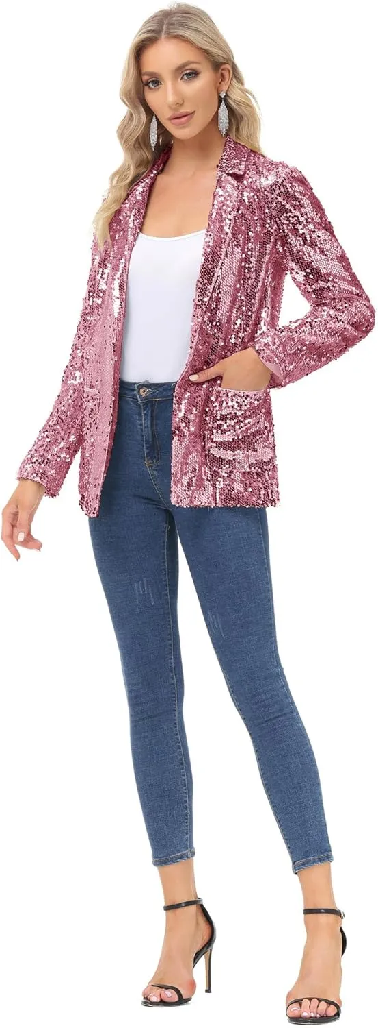 KANCY KOLE Women's Sequin Jackets Open Front Blazer Jacket Casual Long Sleeve Sparkly Cardigan Coat with Pocket S-XXL