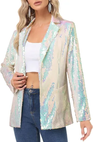KANCY KOLE Women's Sequin Jackets Open Front Blazer Jacket Casual Long Sleeve Sparkly Cardigan Coat with Pocket S-XXL