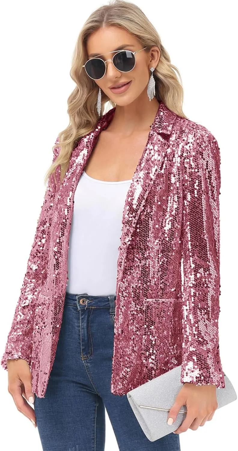 KANCY KOLE Women's Sequin Jackets Open Front Blazer Jacket Casual Long Sleeve Sparkly Cardigan Coat with Pocket S-XXL