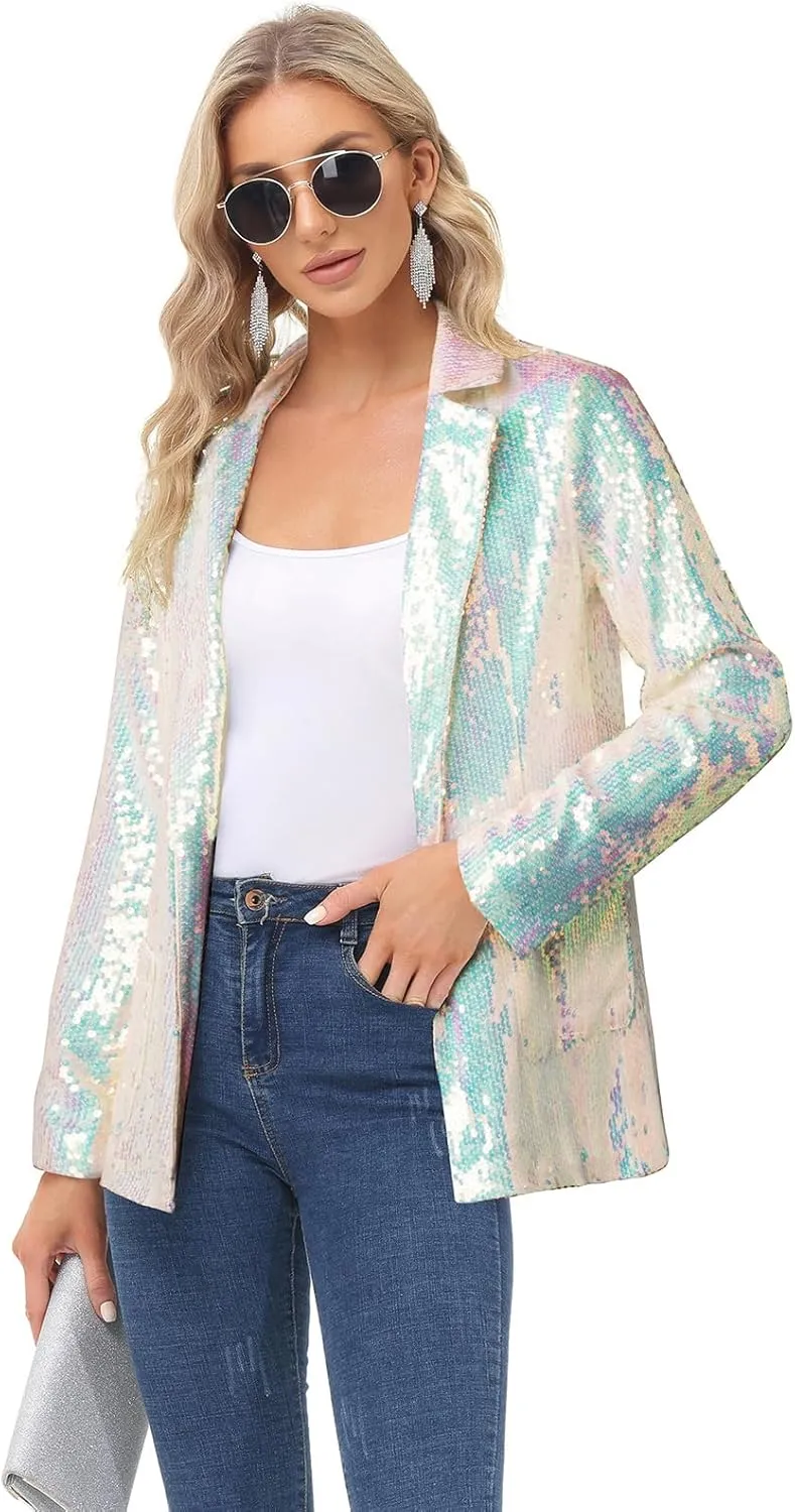 KANCY KOLE Women's Sequin Jackets Open Front Blazer Jacket Casual Long Sleeve Sparkly Cardigan Coat with Pocket S-XXL
