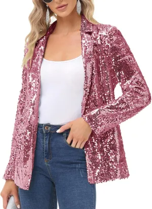 KANCY KOLE Women's Sequin Jackets Open Front Blazer Jacket Casual Long Sleeve Sparkly Cardigan Coat with Pocket S-XXL